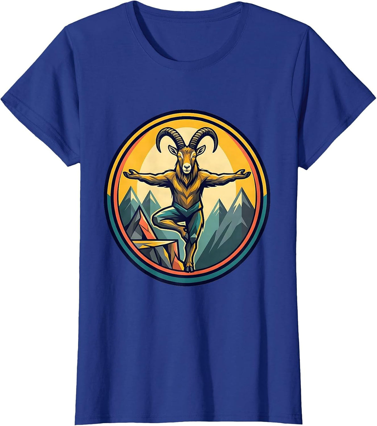 Women's Funny Mountain Goat Yoga on Cliff Edge Graphic T-Shirt - Royal Blue