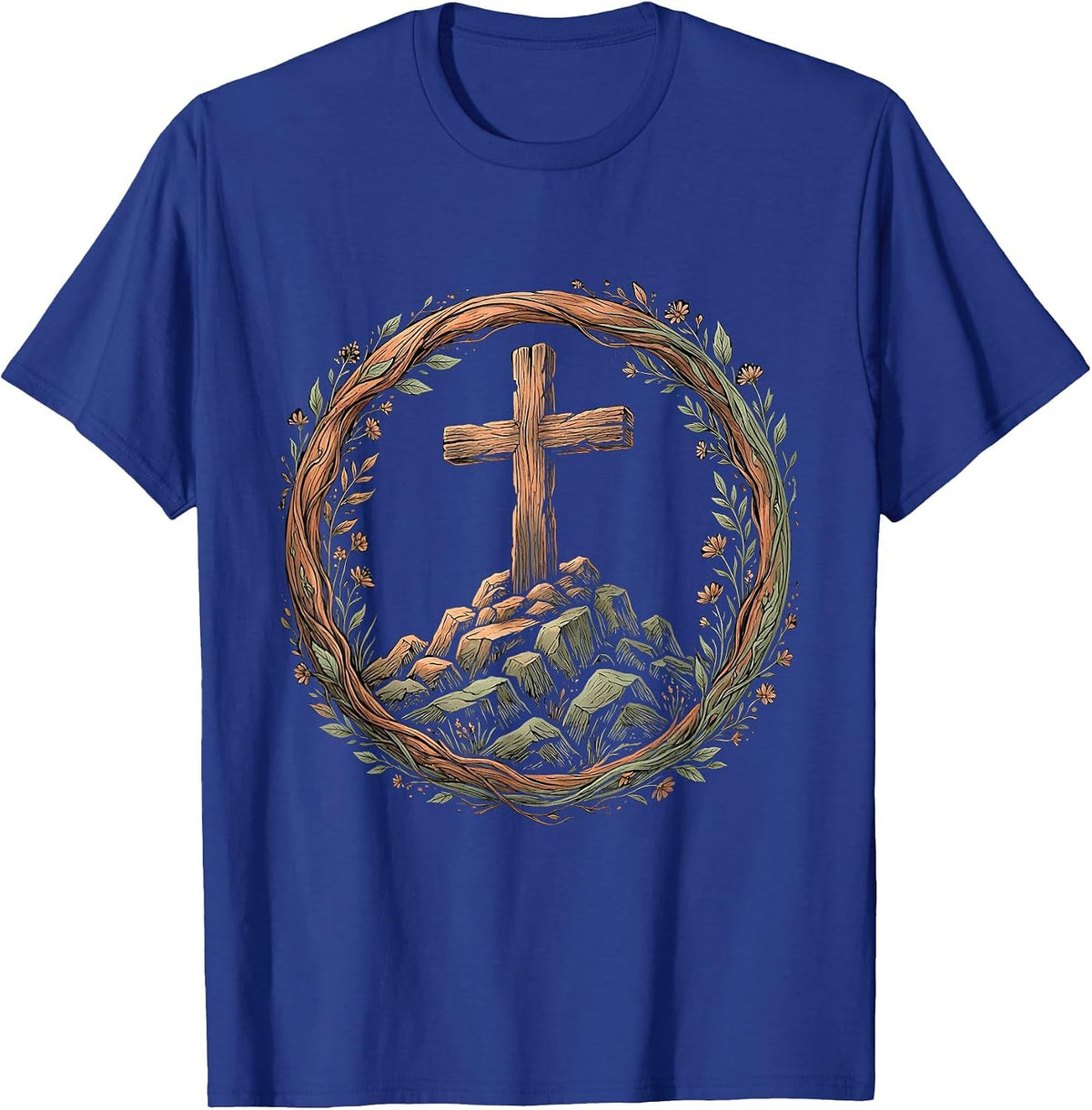 Wooden Cross on Rocky Hilltop Christian Design T-Shirt - Royal Blue