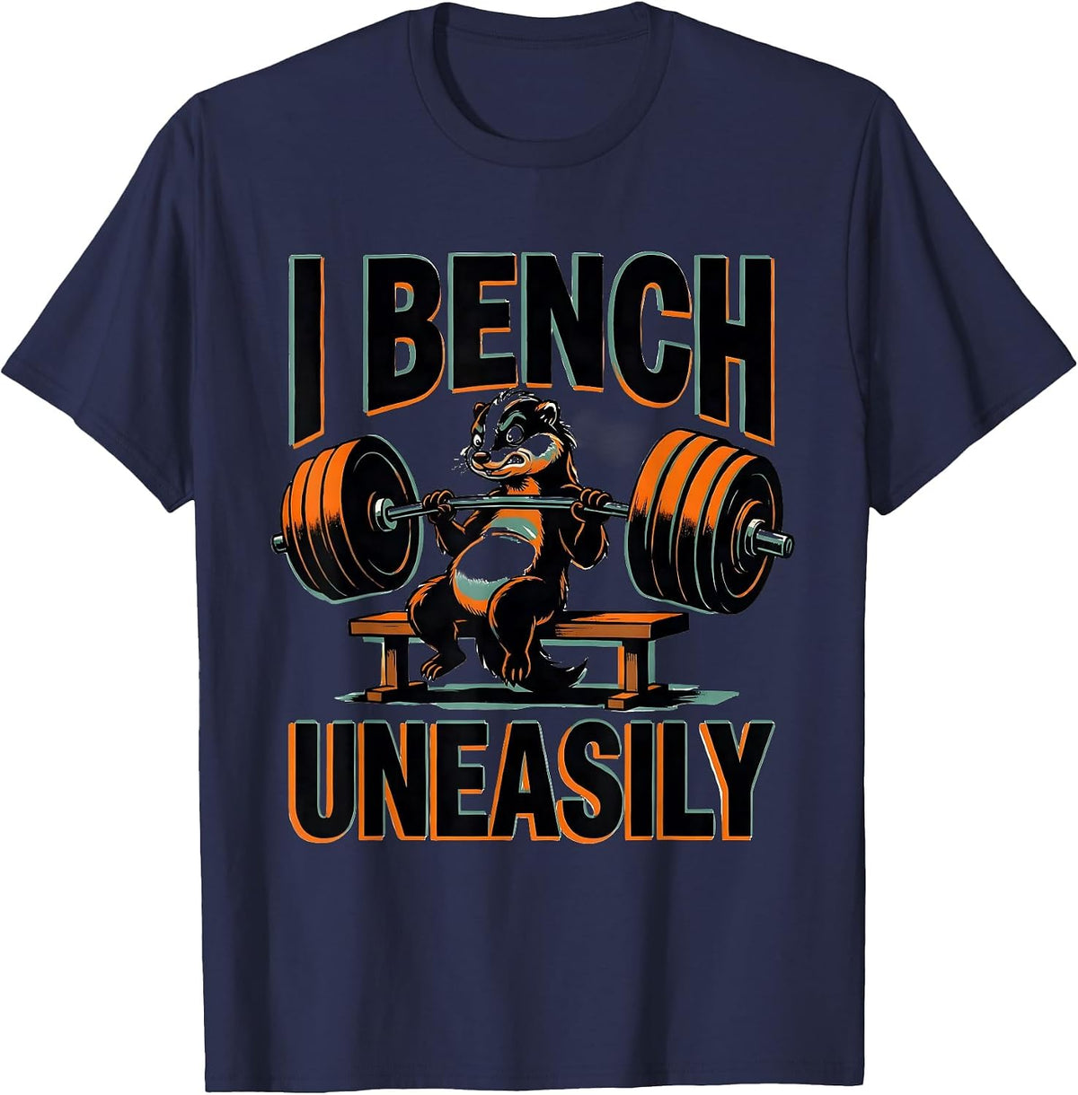 I Bench, Uneasily Funny Gym Workout Skunk Weightlifting T-Shirt - Navy Blue