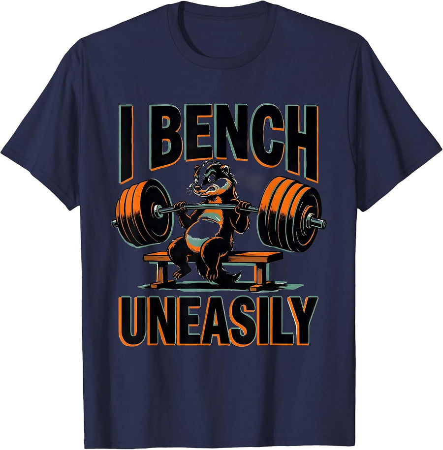 I Bench, Uneasily Funny Gym Workout Skunk Weightlifting T-Shirt - Navy Blue