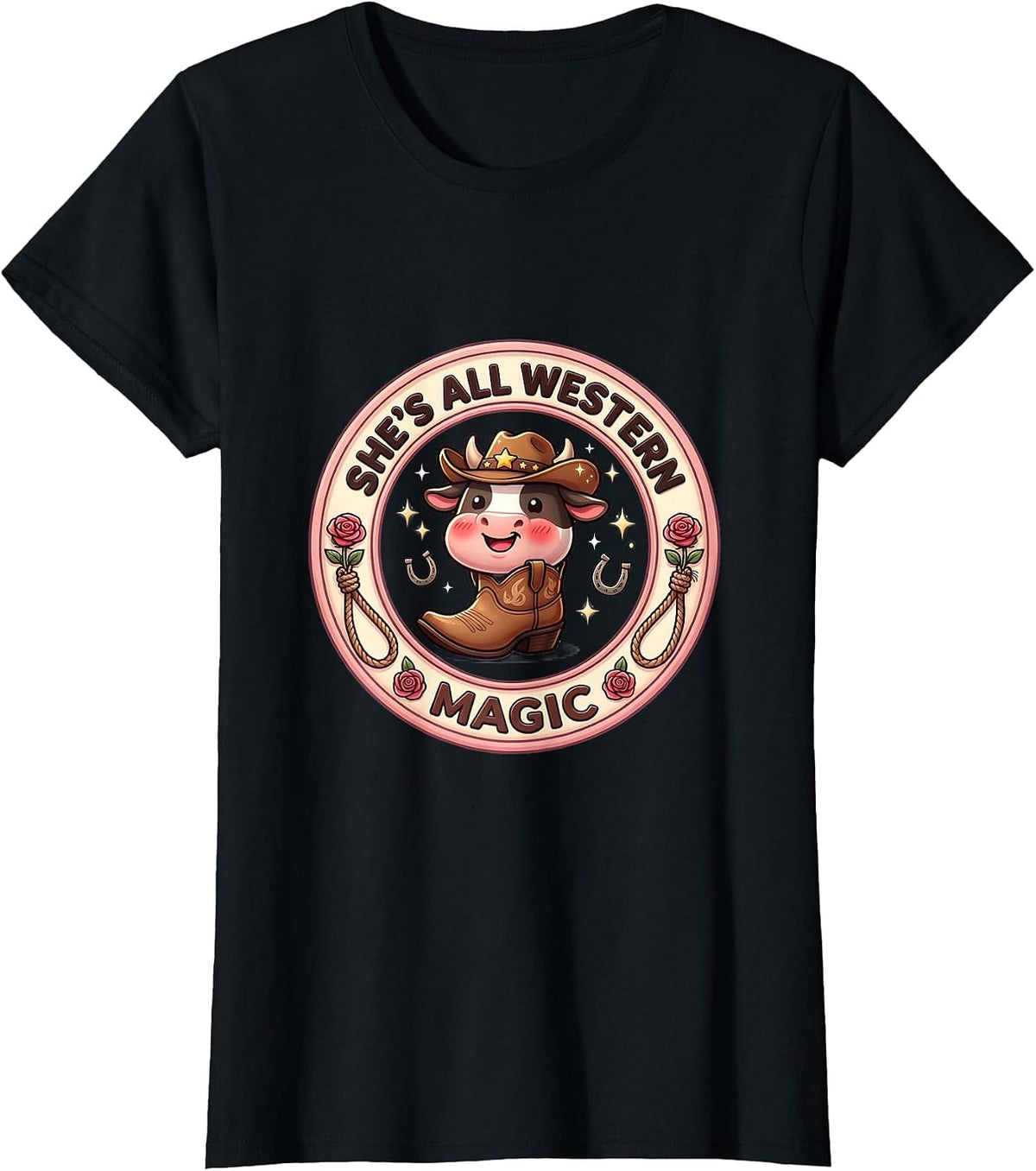 She's All Western Magic Women's Boho Cowgirl Design T-Shirt - Black