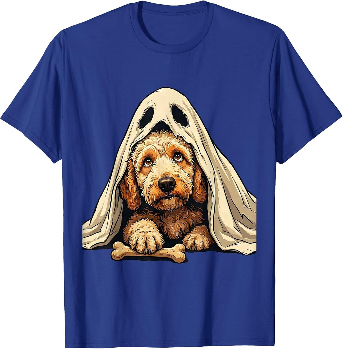 Men's Curly Goldendoodle Ghost Bone Stealing Halloween Humor T-Shirt - Royal Blue
