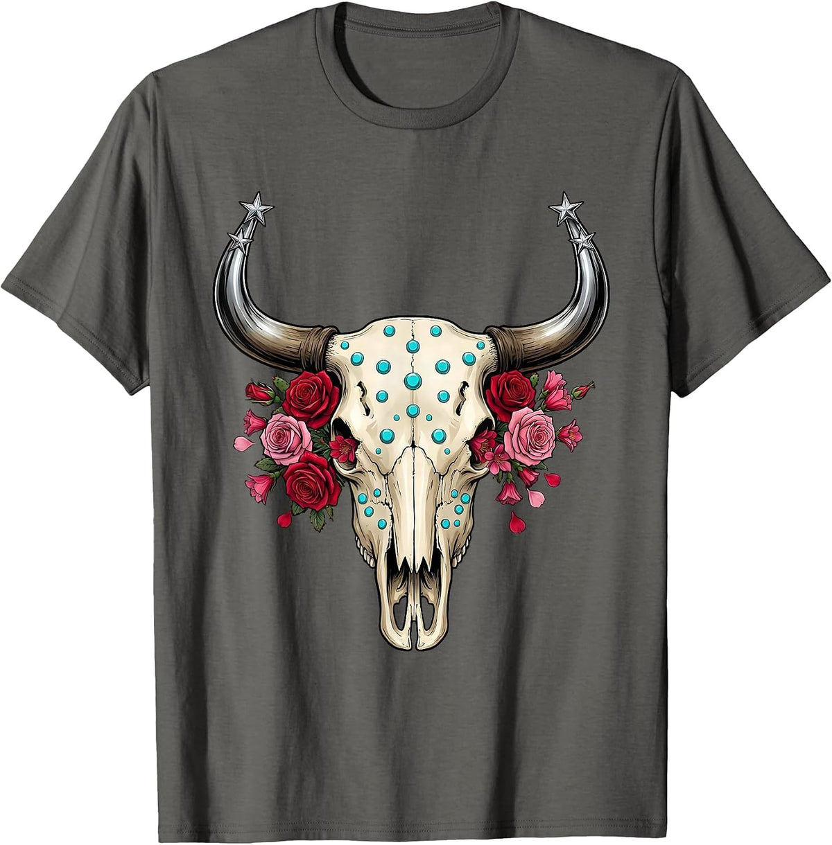Bull Skull Desert Flowers Western Graphic Tee T-Shirt - Asphalt Grey