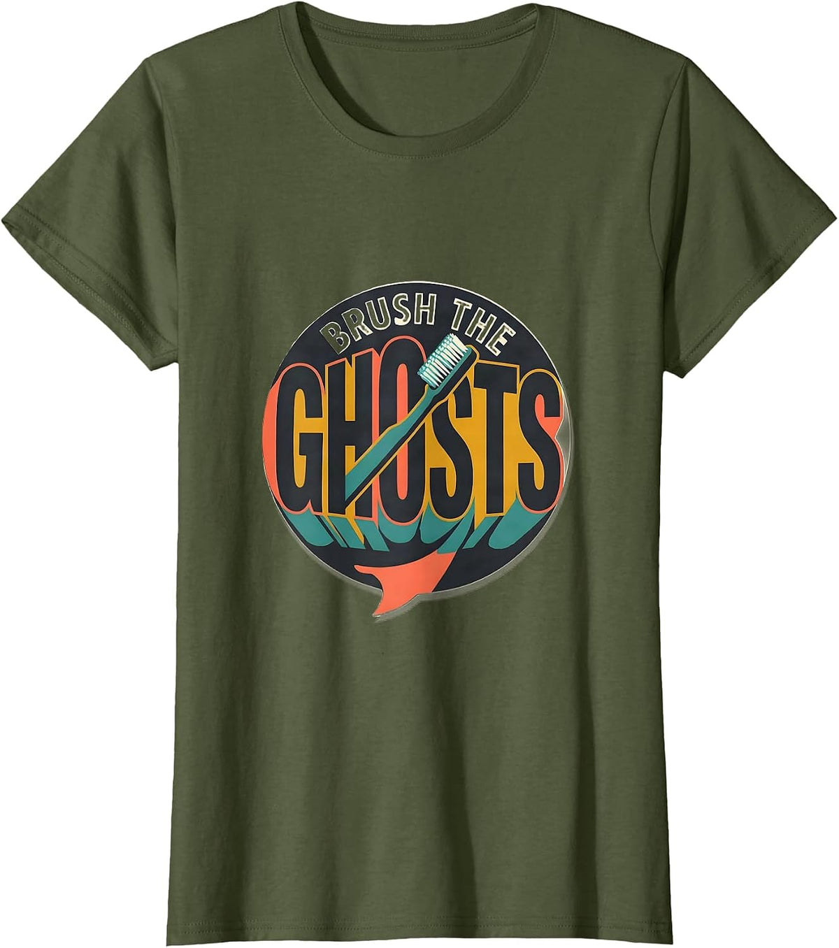Women's Brush the Ghosts Midcentury Modern Dental Halloween Costume T-Shirt - Olive Green