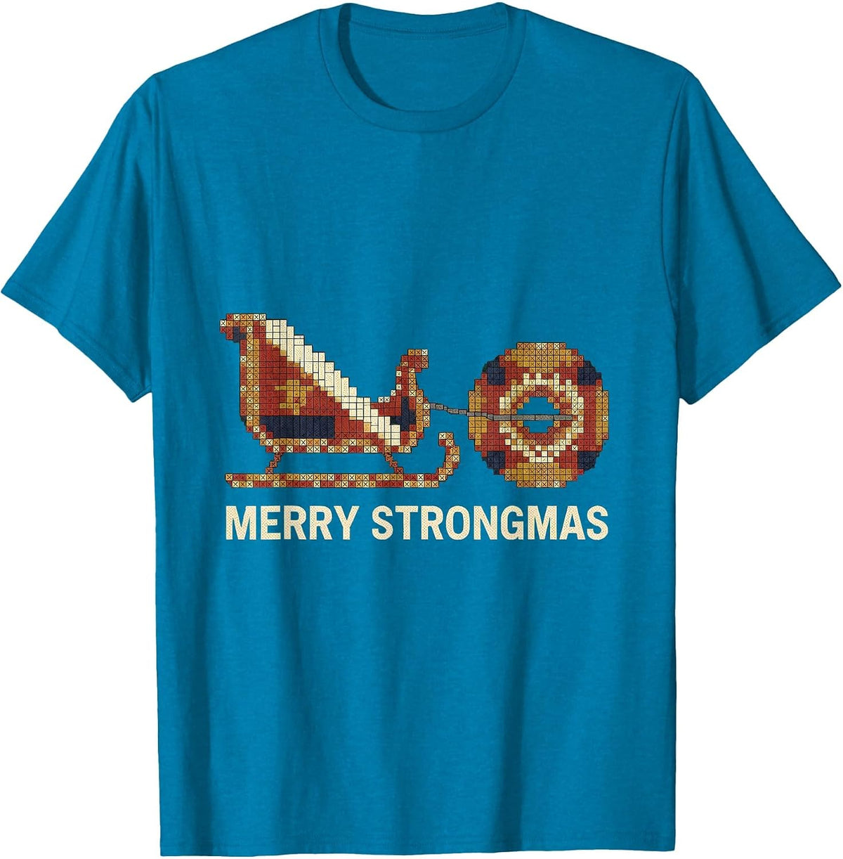 Merry Strongmas Cross Stitch Sampler Funny Christmas Gym T-Shirt - Sapphire Blue