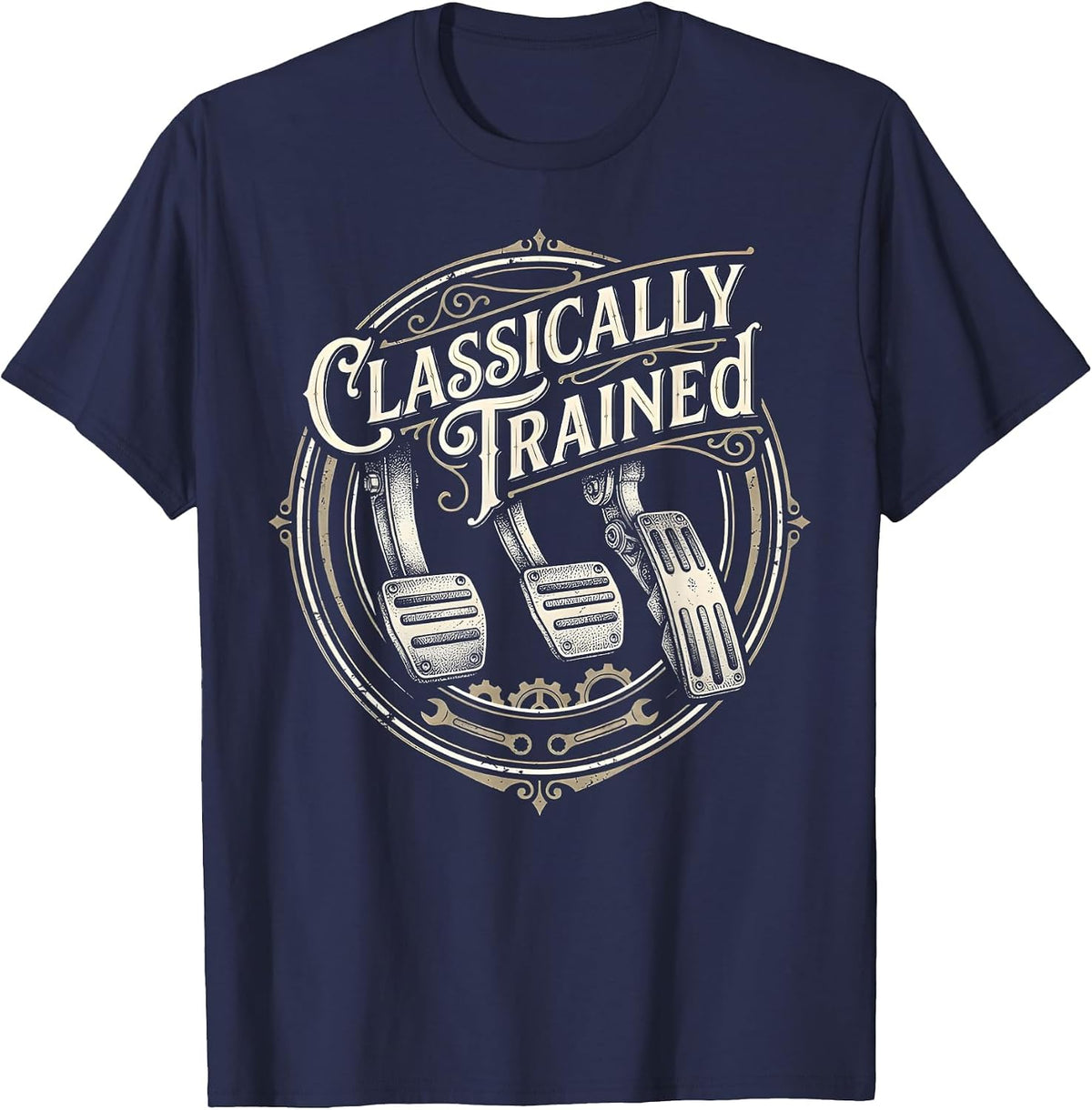 Classically Trained Manual Car Pedals Driving Humor T-Shirt - Navy Blue