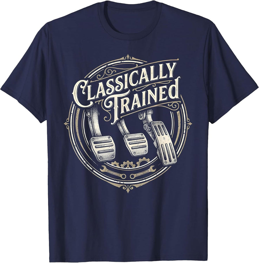 Classically Trained Manual Car Pedals Driving Humor T-Shirt - Navy Blue