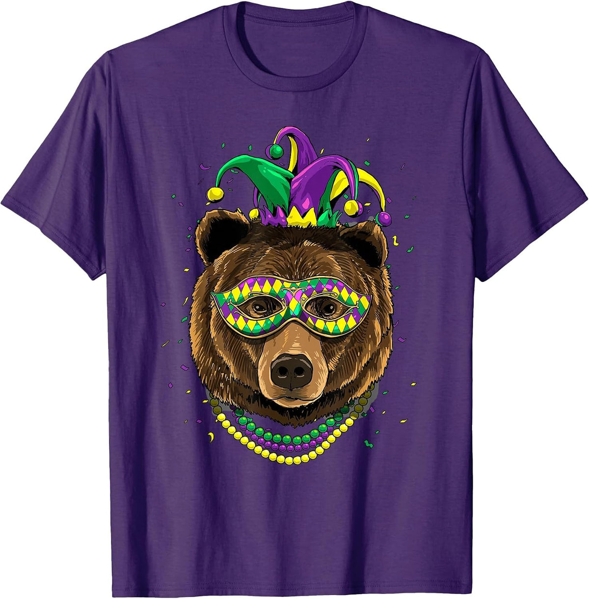 Bear Animal Lover Cute Mardi Gras Carnival Jester T-Shirt, Men, Purple, 3X-Large - As Pictured