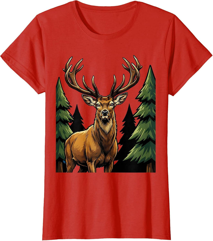 Women's Buck Deer Standing Alert in Pine Trees Hunting T-Shirt - Red