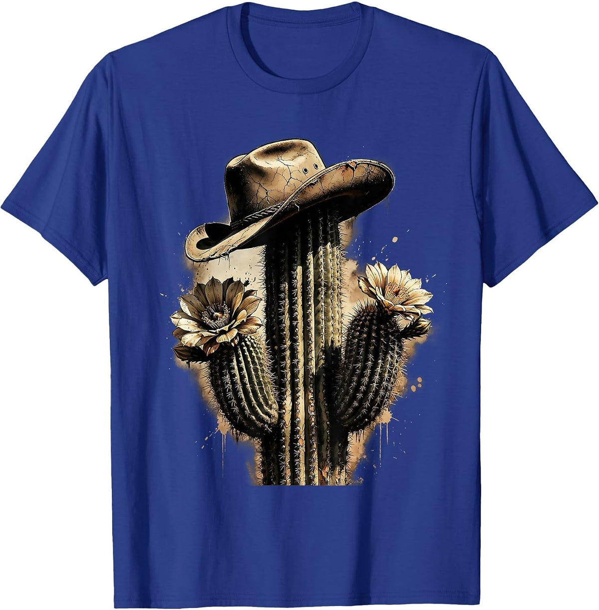 Cowgirl Hat Blooming Cactus Western Illustration T-Shirt - Royal Blue