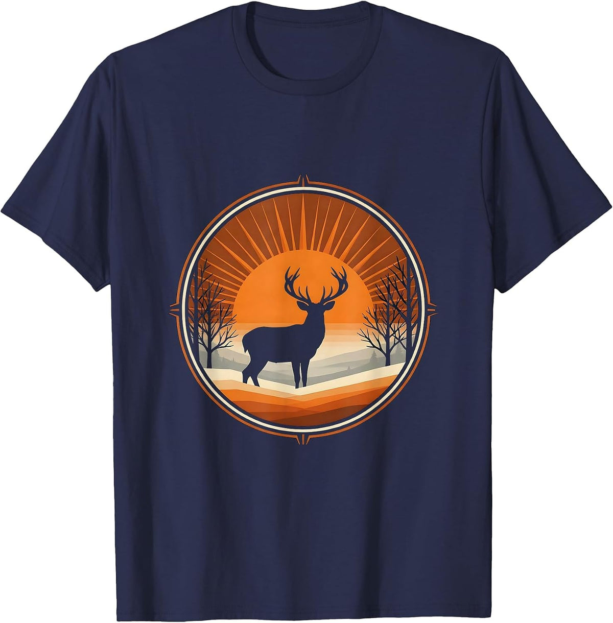 Buck Deer Silhouette Misty Dawn Hunting Design T-Shirt - Navy Blue