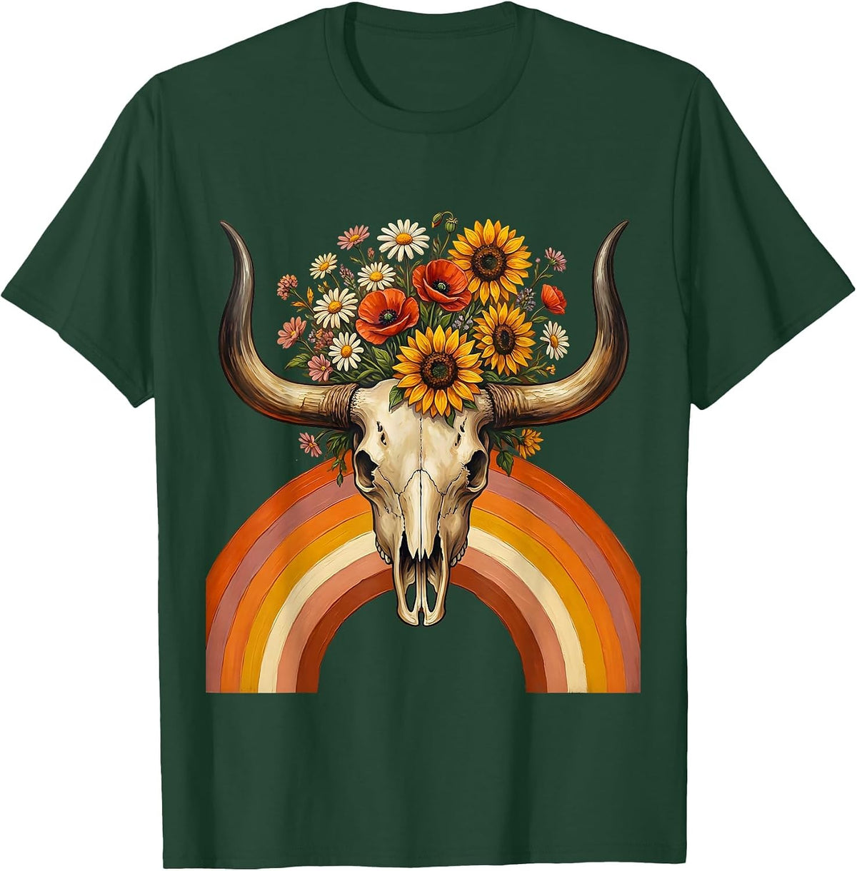 Men's Longhorn Skull Pastel Wildflowers Western Boho T-Shirt - Dark Green