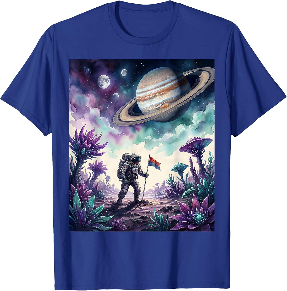 Men's Astronaut Planting Flag on Colorful Alien Planet T-Shirt - Royal Blue