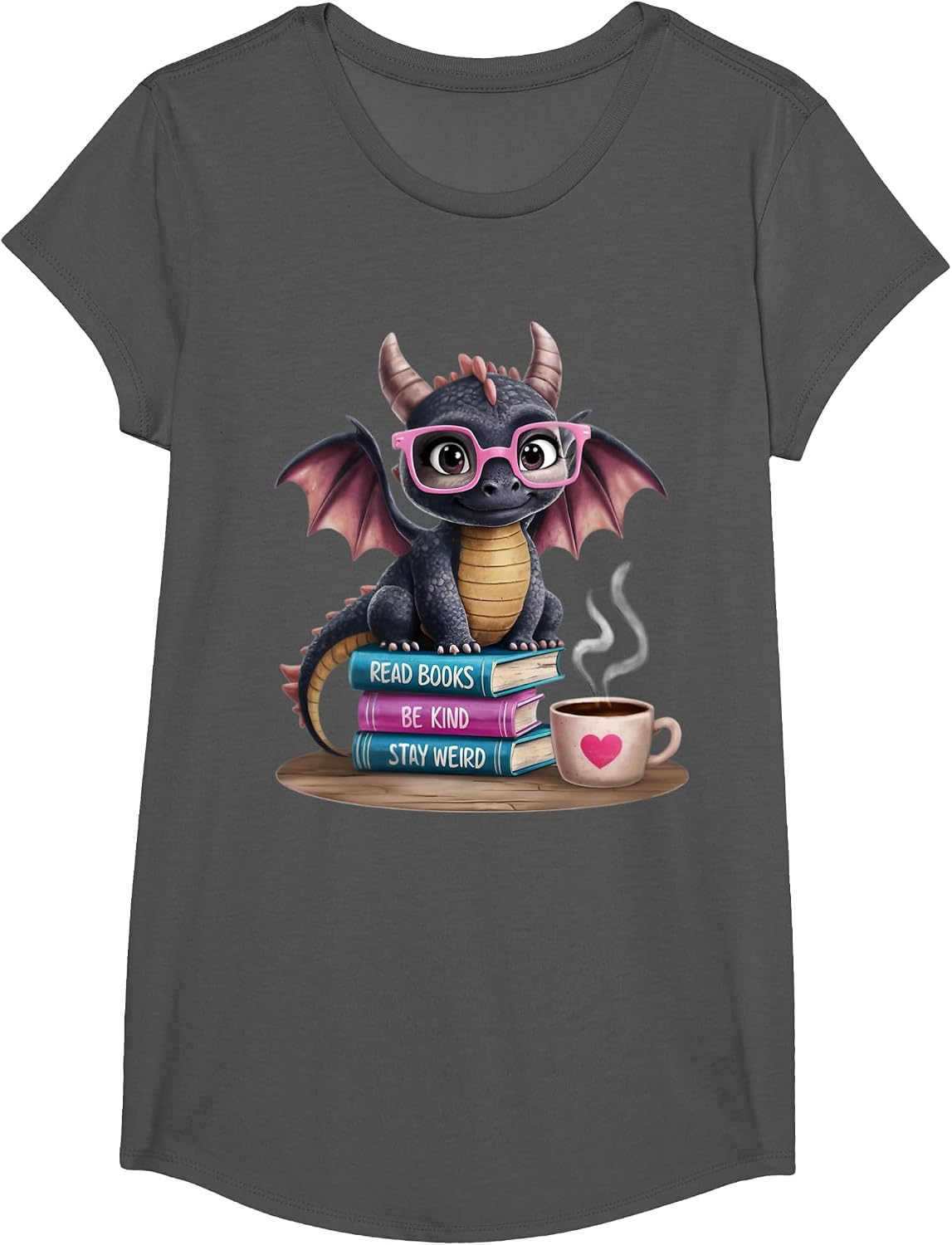 Read Books be Kind Stay Weird Dragon T-Shirt - Girls Asphalt Grey