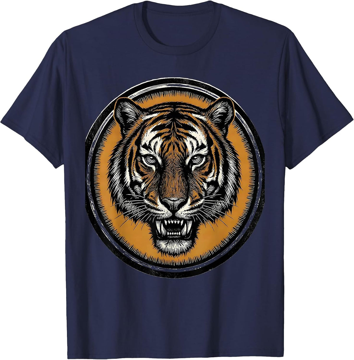 Tiger Skull with Stripe Markings Graphic T-Shirt - Navy Blue