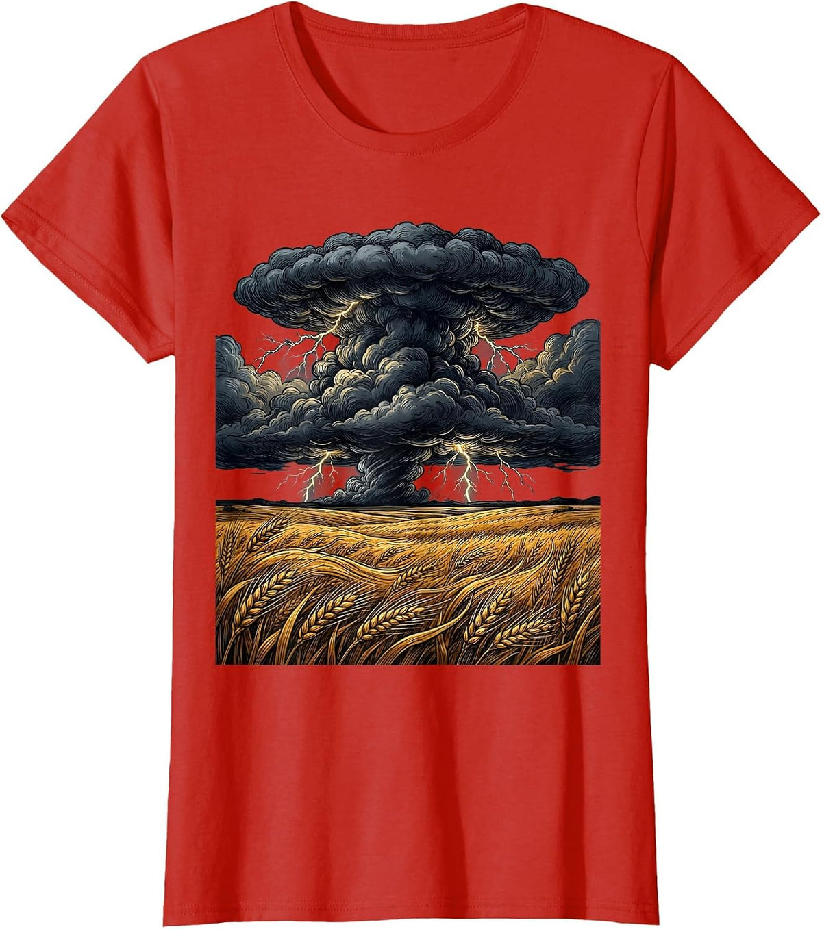 Nebraska Thunderstorm Over Wheat Fields Illustration T-Shirt - Red