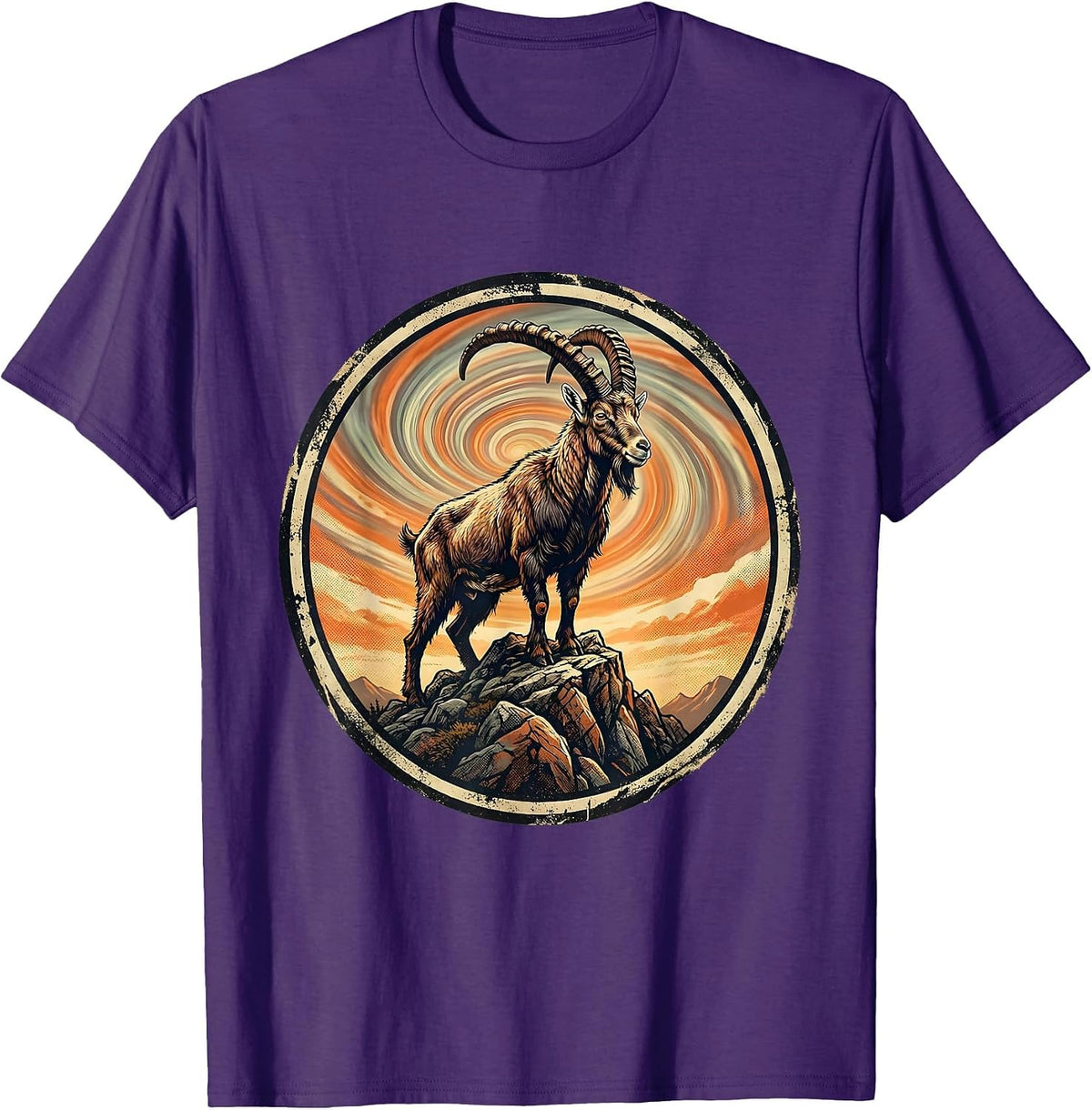 Mountain Goat Peak Tie Dye Sky Illustration T-Shirt - Purple