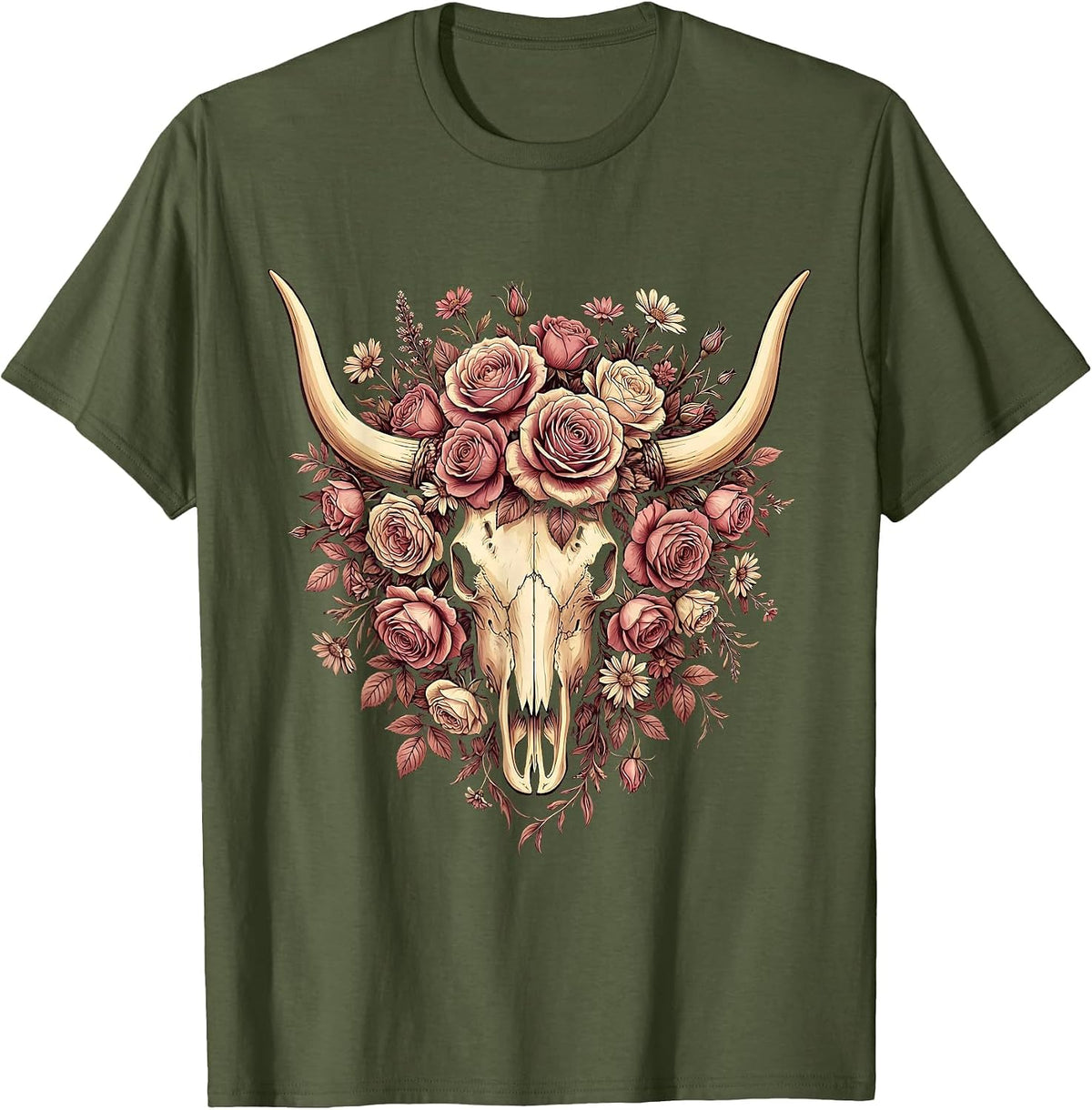 Longhorn Skull Flower Crown Western Boho Design T-Shirt - Olive Green