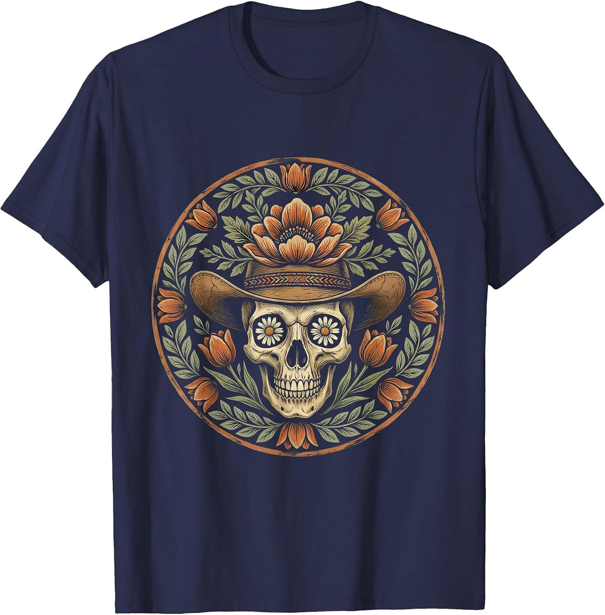 Denim Cowgirl Skull Floral Hat Western Design T-Shirt - Navy Blue
