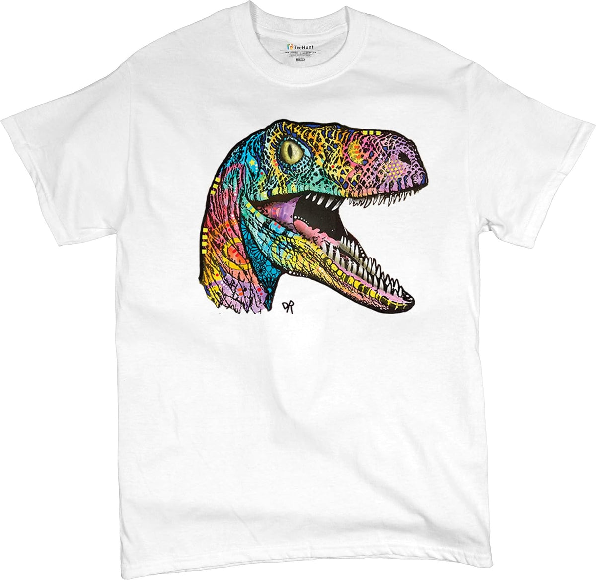 Colorful Raptor T-Shirt Dean Russo Neon Dinosaur Pattern Men's Tee - White