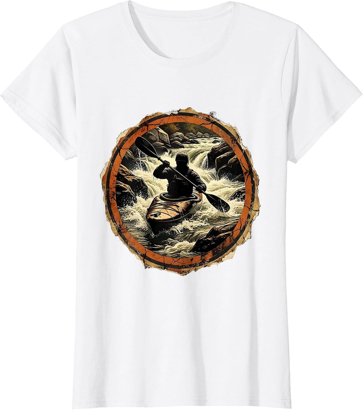 Kayaker Paddling Through Rocky River Rapids T-Shirt - White