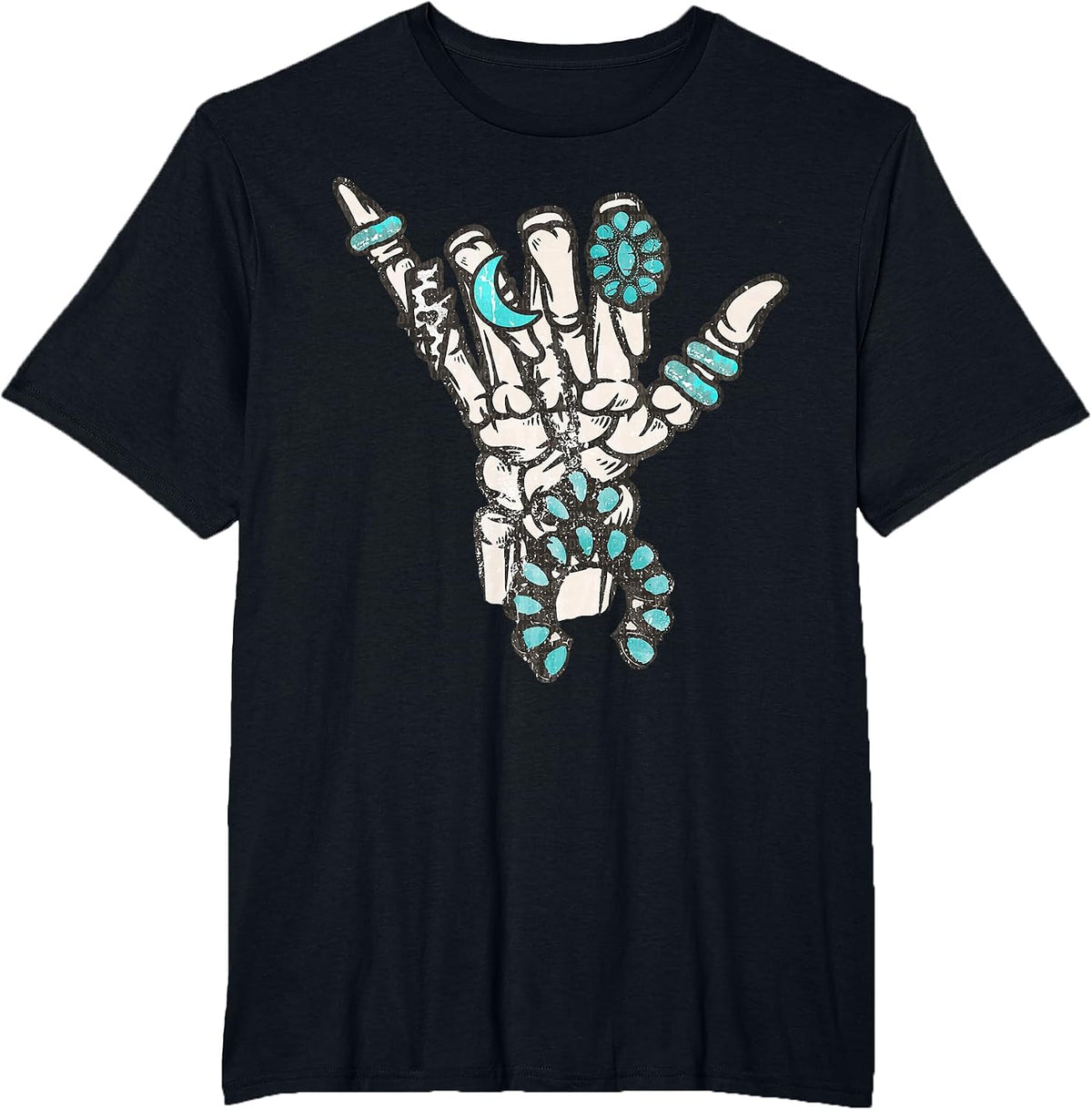 Western Turquoise Rings Skeleton Hands Cowgirl T-Shirt - Black
