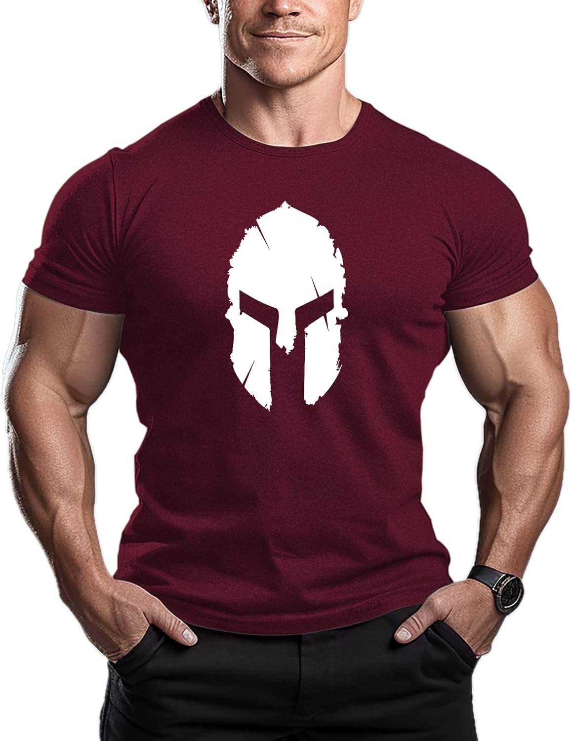 ReedCA Spartan Helmet - Mens Bodybuilding T-Shirt - Gym Training Top Fitness - Wine Red