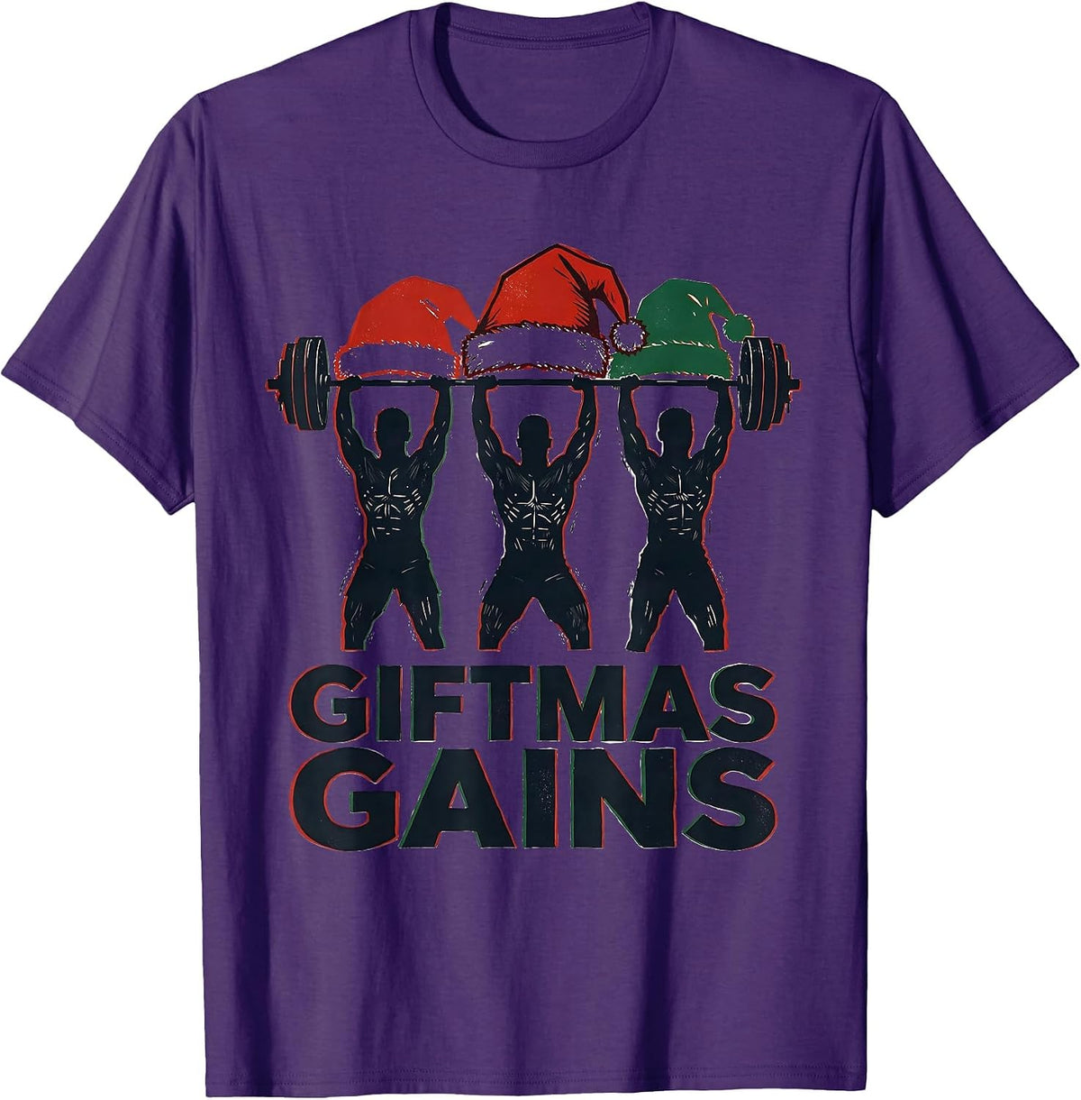Men's Giftmas Gains Linocut Funny Christmas Gym Weightlifting T-Shirt - Purple
