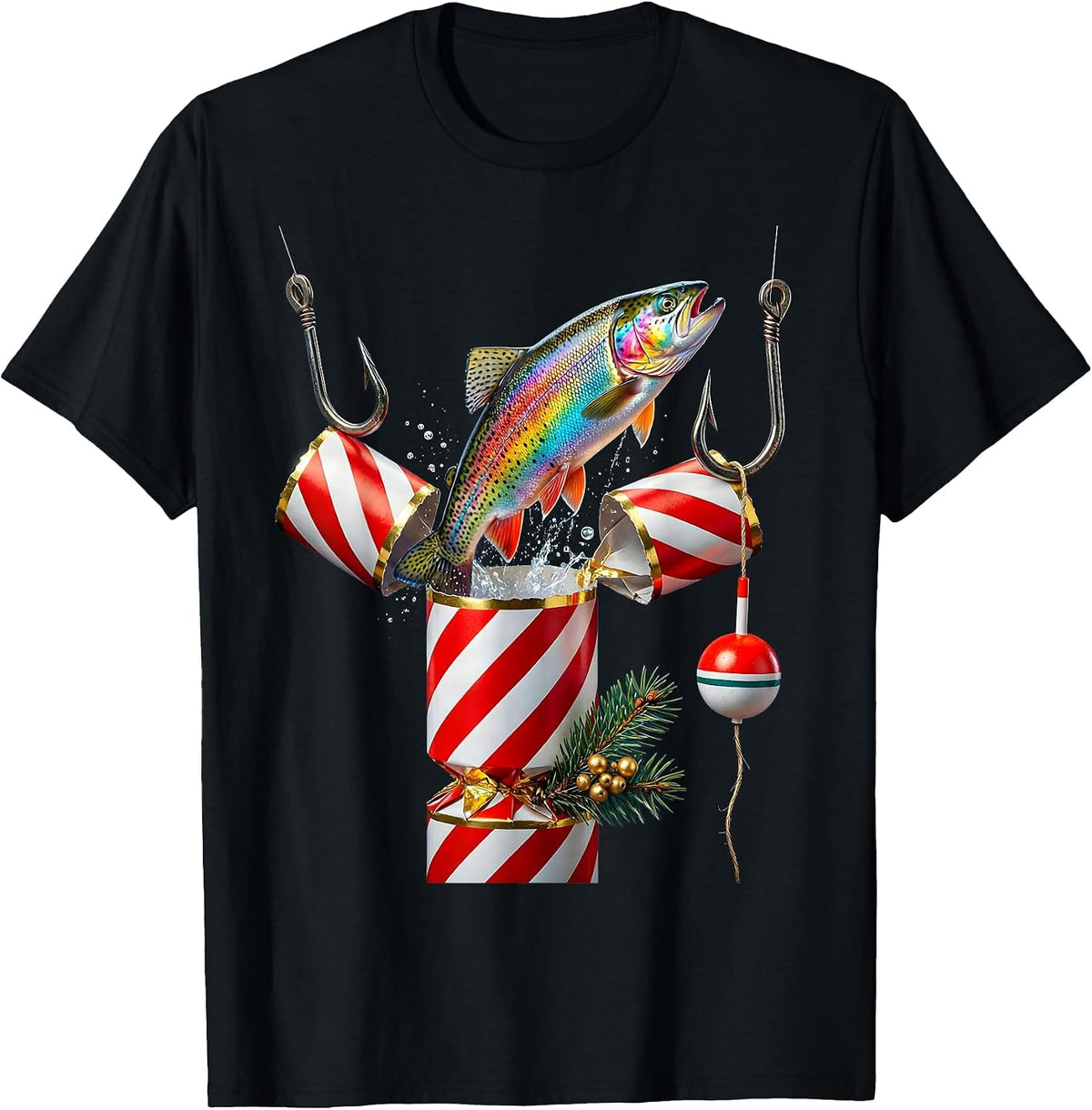 Men's Rainbow Trout Cracker Christmas Fishing Humor Gift T-Shirt - Black