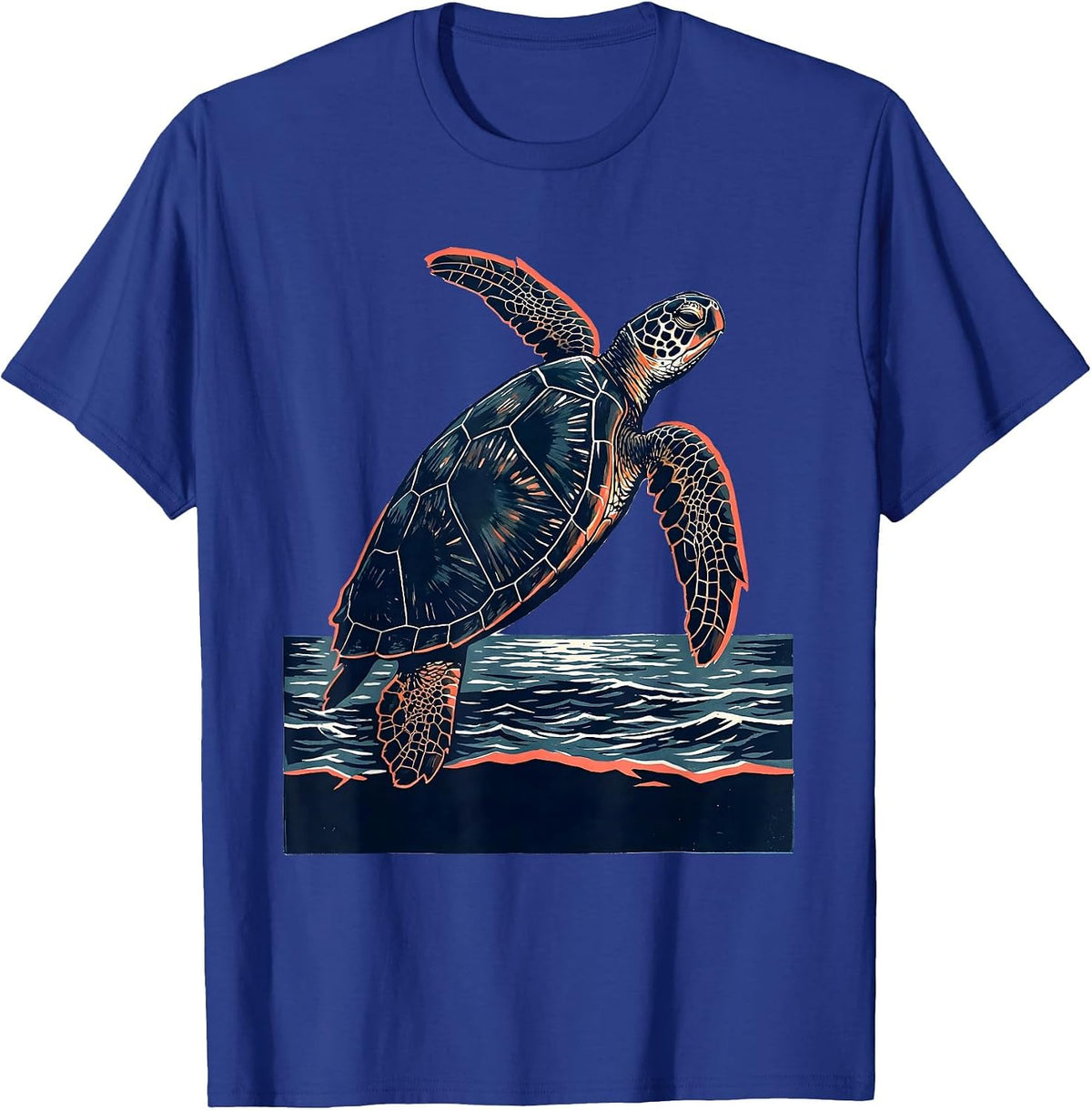 Sea Turtle Linocut Beach Souvenir Vacation T-Shirt - Royal Blue