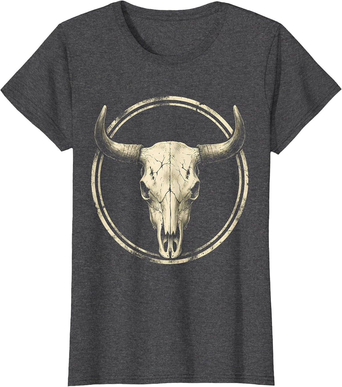Women's Cow Skull Wildflowers Boho Western Floral Art T-Shirt - Dark Heather Grey
