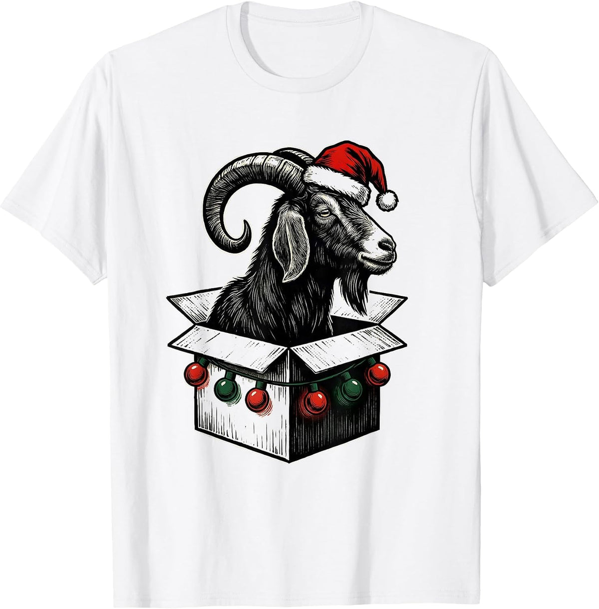 Men's Goat Christmas Lights Linocut Farm Animal Humor T-Shirt - White