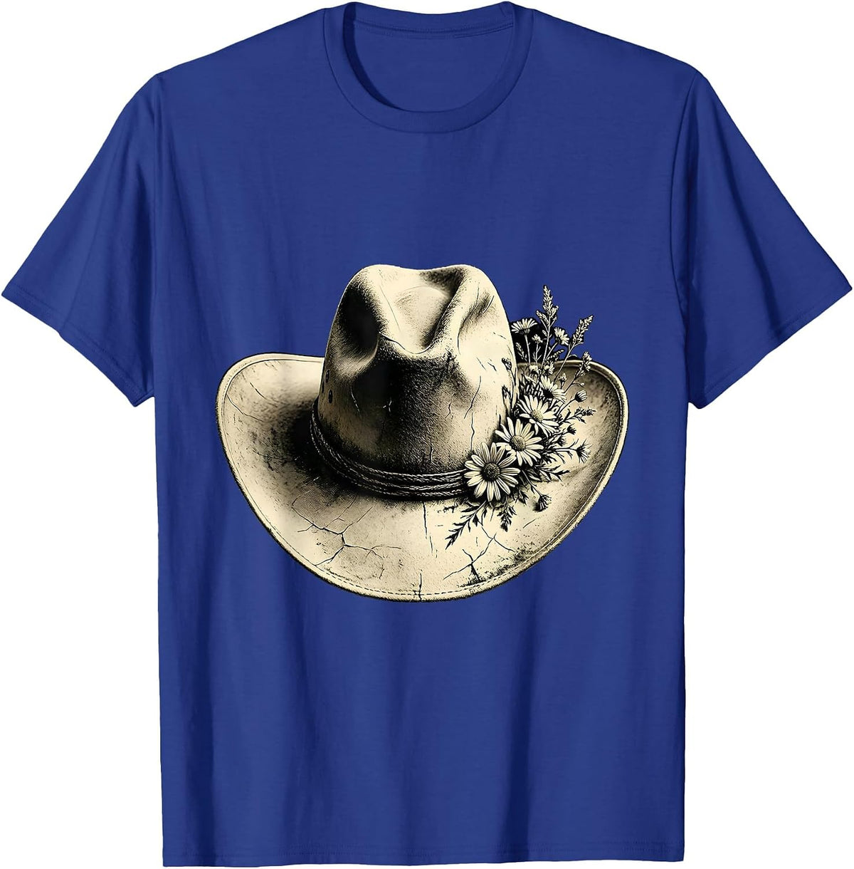 Cowgirl Hat Wildflowers Western Floral Illustration T-Shirt - Royal Blue