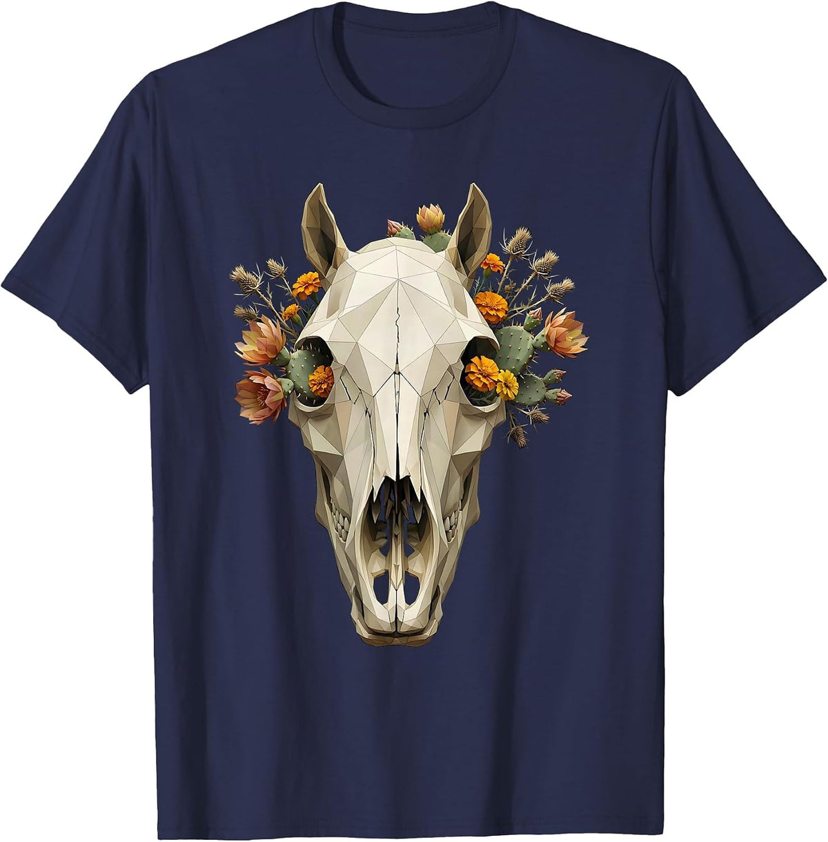 Horse Skull Desert Flowers Boho Western Illustration T-Shirt - Navy Blue