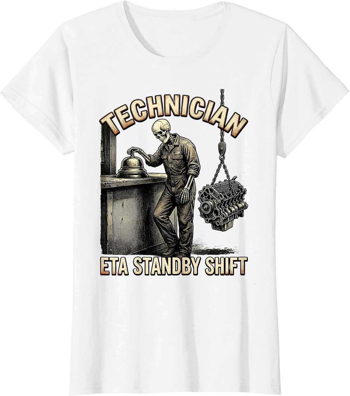Women's Technician, ETA Standby Shift Funny Mechanic Skeleton Auto T-Shirt - White