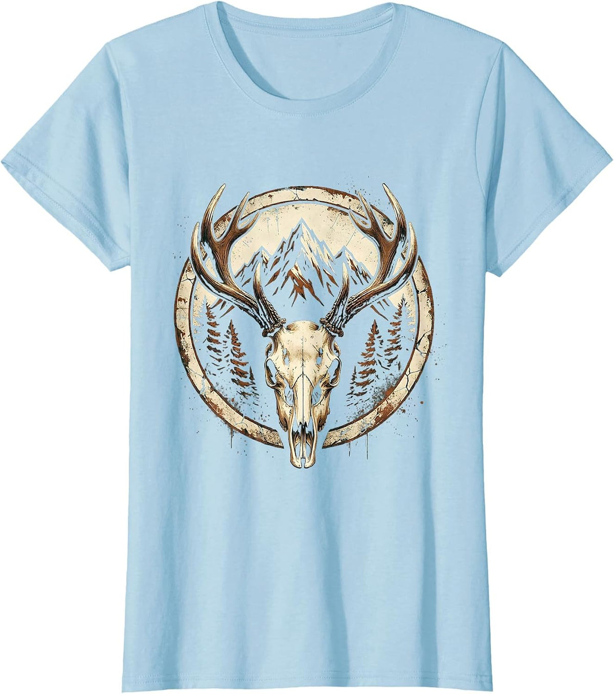 Deer Antler Mountain Peaks Hunting Design T-Shirt - Baby Blue