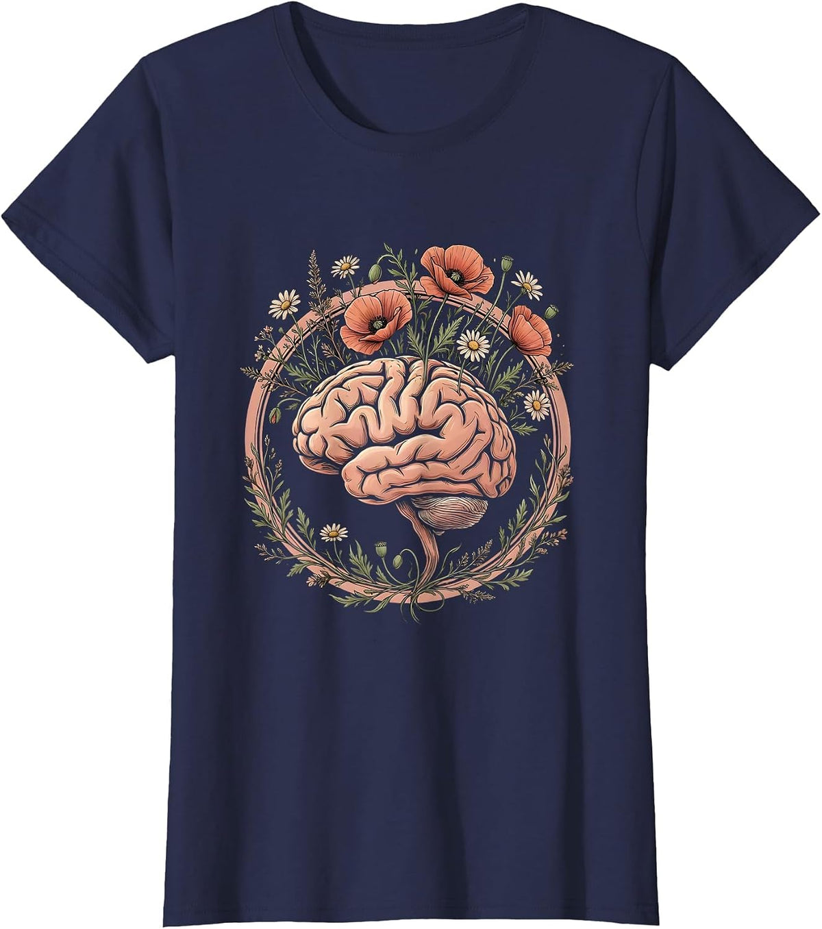 Women's Blooming Brain Mental Health Floral Graphic Tee T-Shirt - Navy Blue