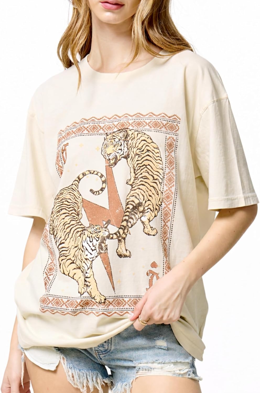 Vintage Western Graphic Tee Soft Cotton Boho Casual Top for Women - Bone-3