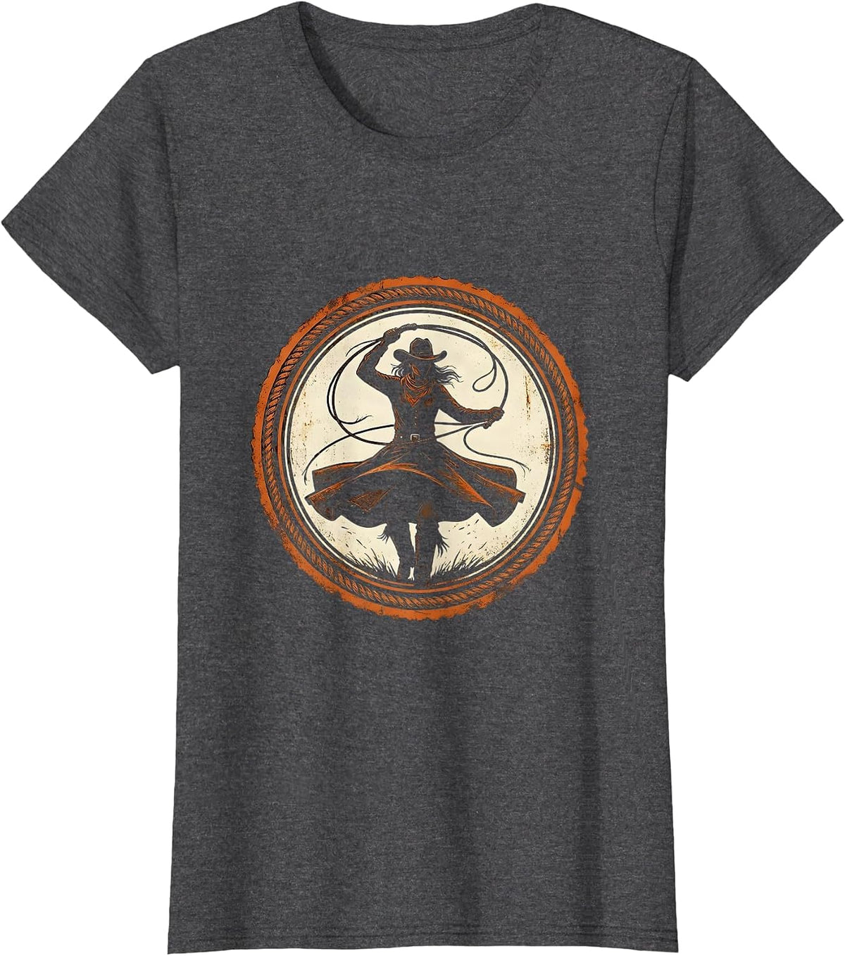 Women's Cowgirl Hat Lasso Twirl Western Rodeo Graphic T-Shirt - Dark Heather Grey