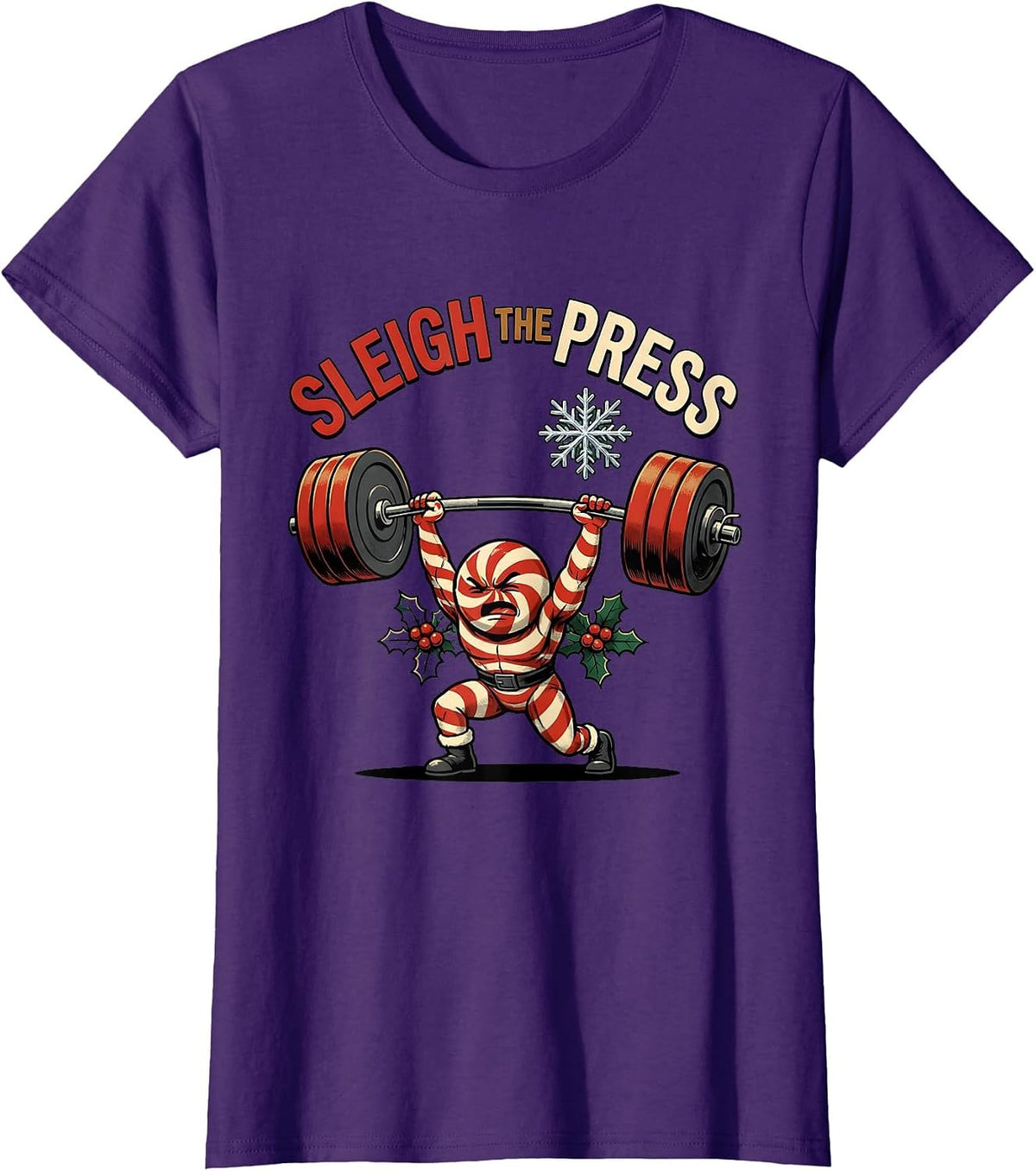 Women's Sleigh The Press Funny Christmas Gym Workout Weightlifting T-Shirt - Purple