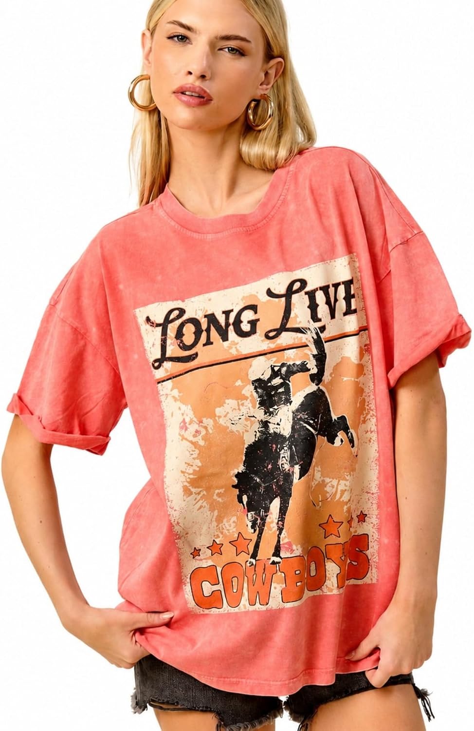 Womens Oversized Graphic Tee Vintage Mineral Washed Loose Fit Boho Western Rock T Shirt - Coral