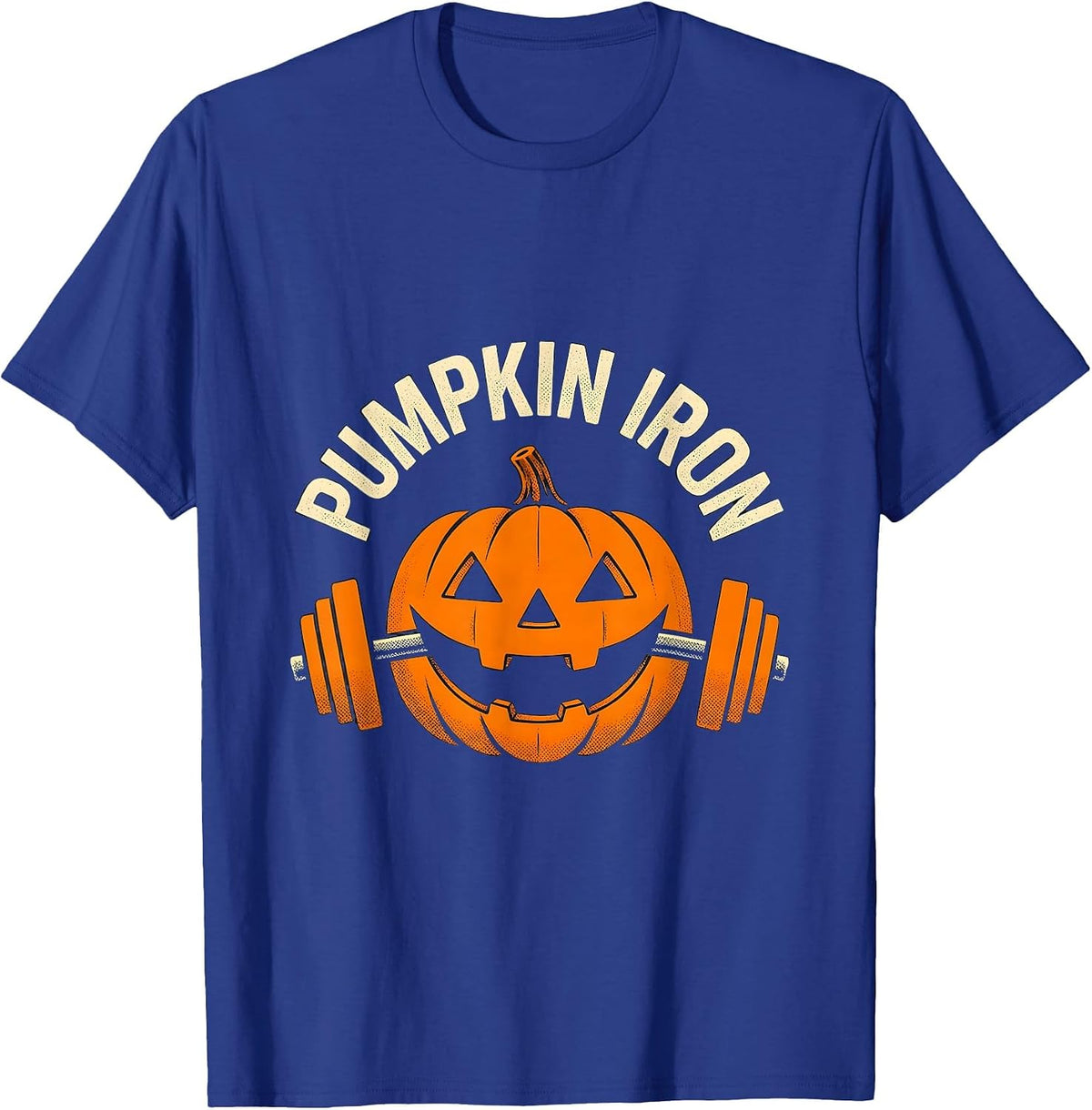 Men's Pumpkin Iron Halloween Gym Workout Lifting Pun Funny T-Shirt - Royal Blue