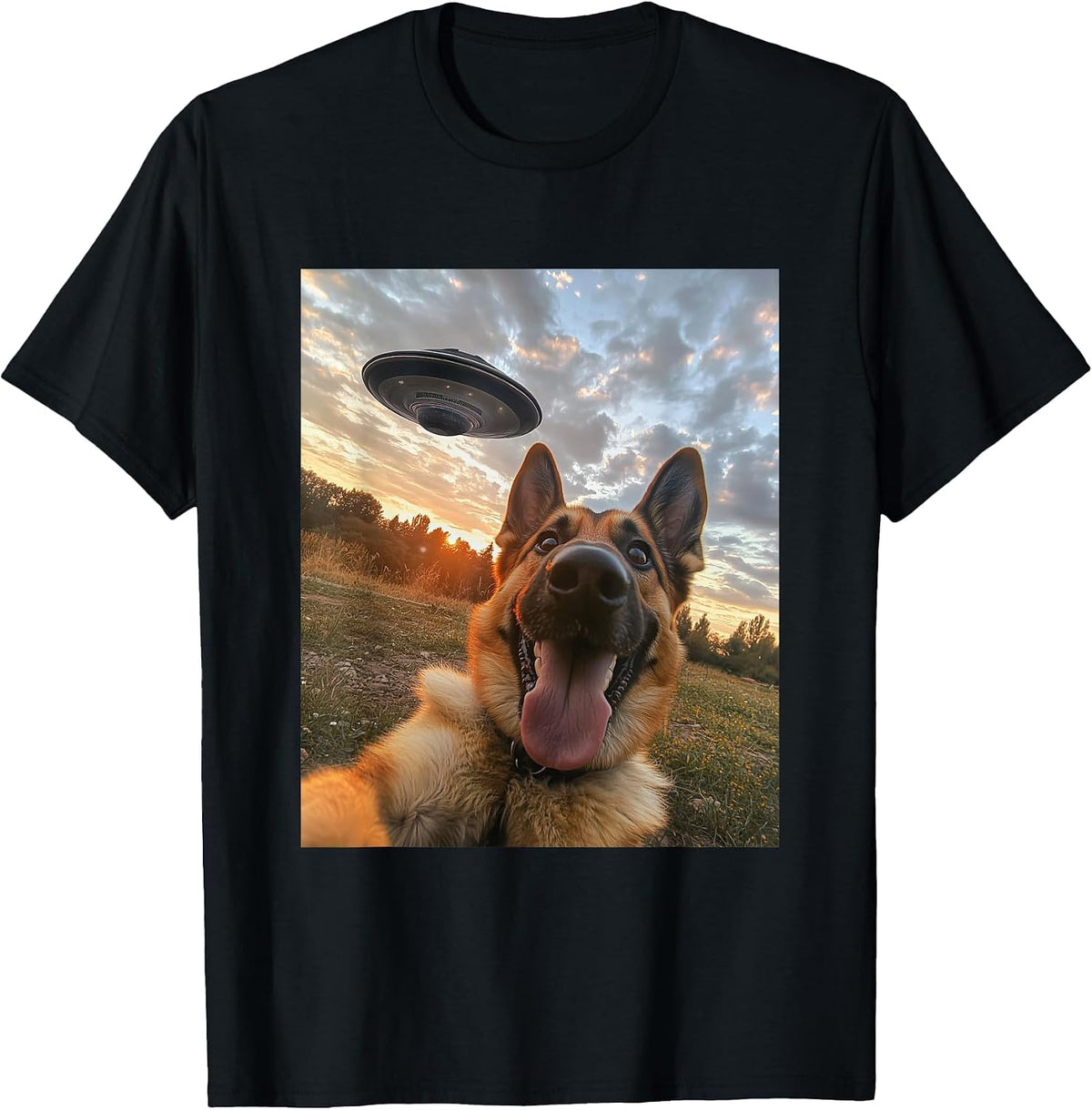 German Shepherd Dog Selfie with UFOs Funny Graphic T-Shirt - Black