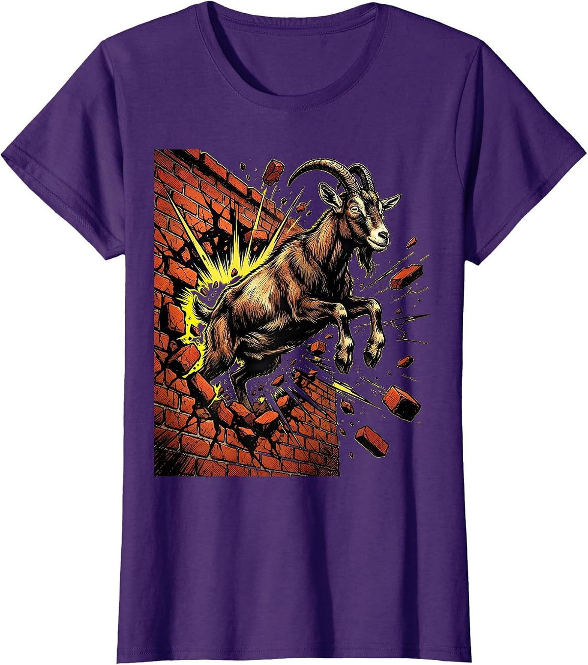 Women's Unhinged Goat Smashing Through Brick Wall T-Shirt - Purple