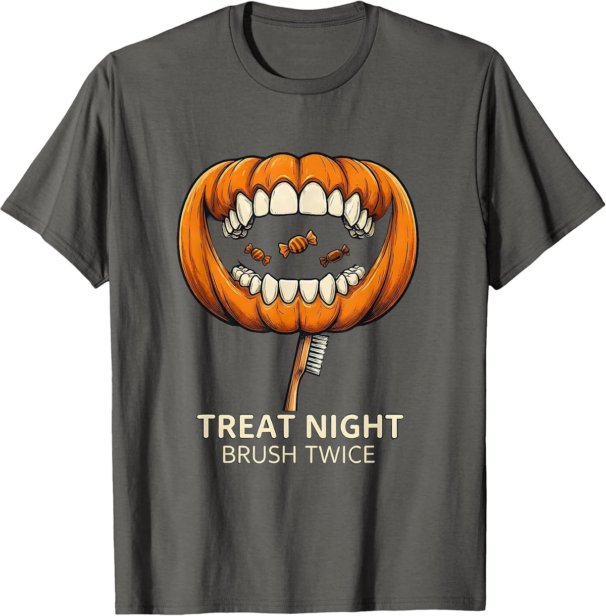Men's Treat Night Brush Twice Funny Dentist Halloween Costume T-Shirt - Asphalt Grey