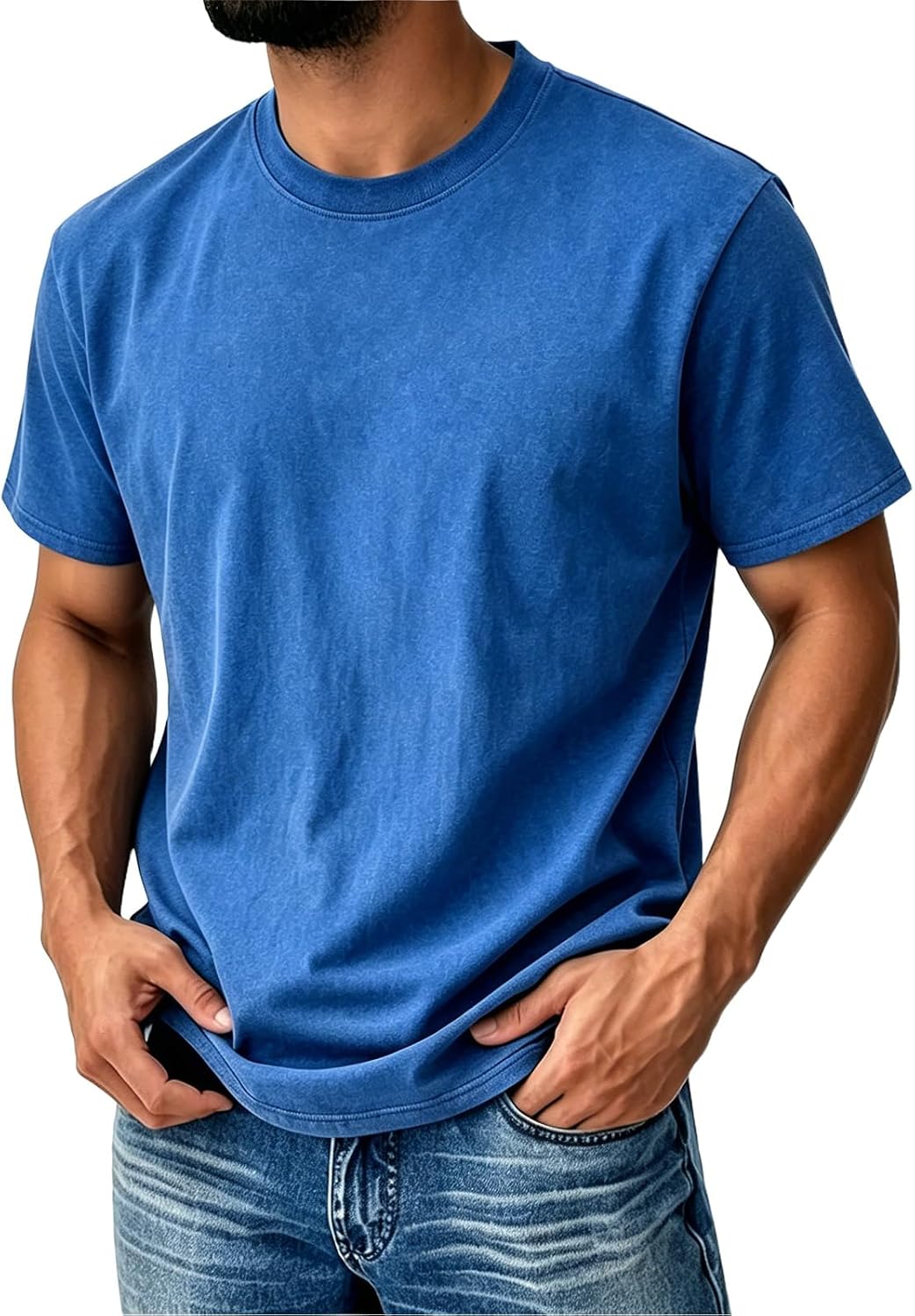 Mens Short Sleeve Shirts Distressed Washed Casual Shirts Crew Neck Vintage Retro Acid Wash Summer Denim Tee Tops - Pf36-blue