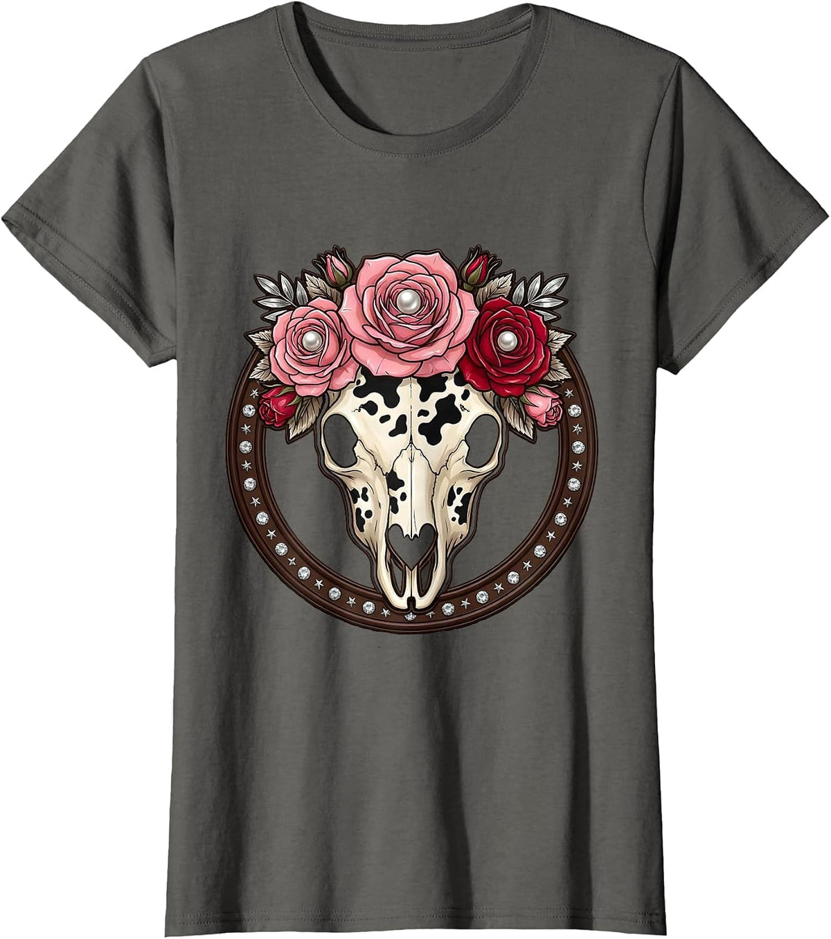 Women's Cow Print Floral Skull Boho Western Design T-Shirt - Asphalt Grey