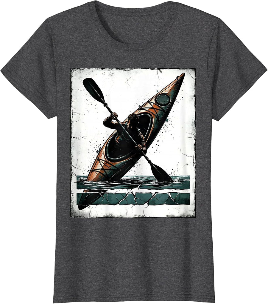 Women's Leaning Kayaker Distressed Humor Kayak Lover T-Shirt - Dark Heather Grey