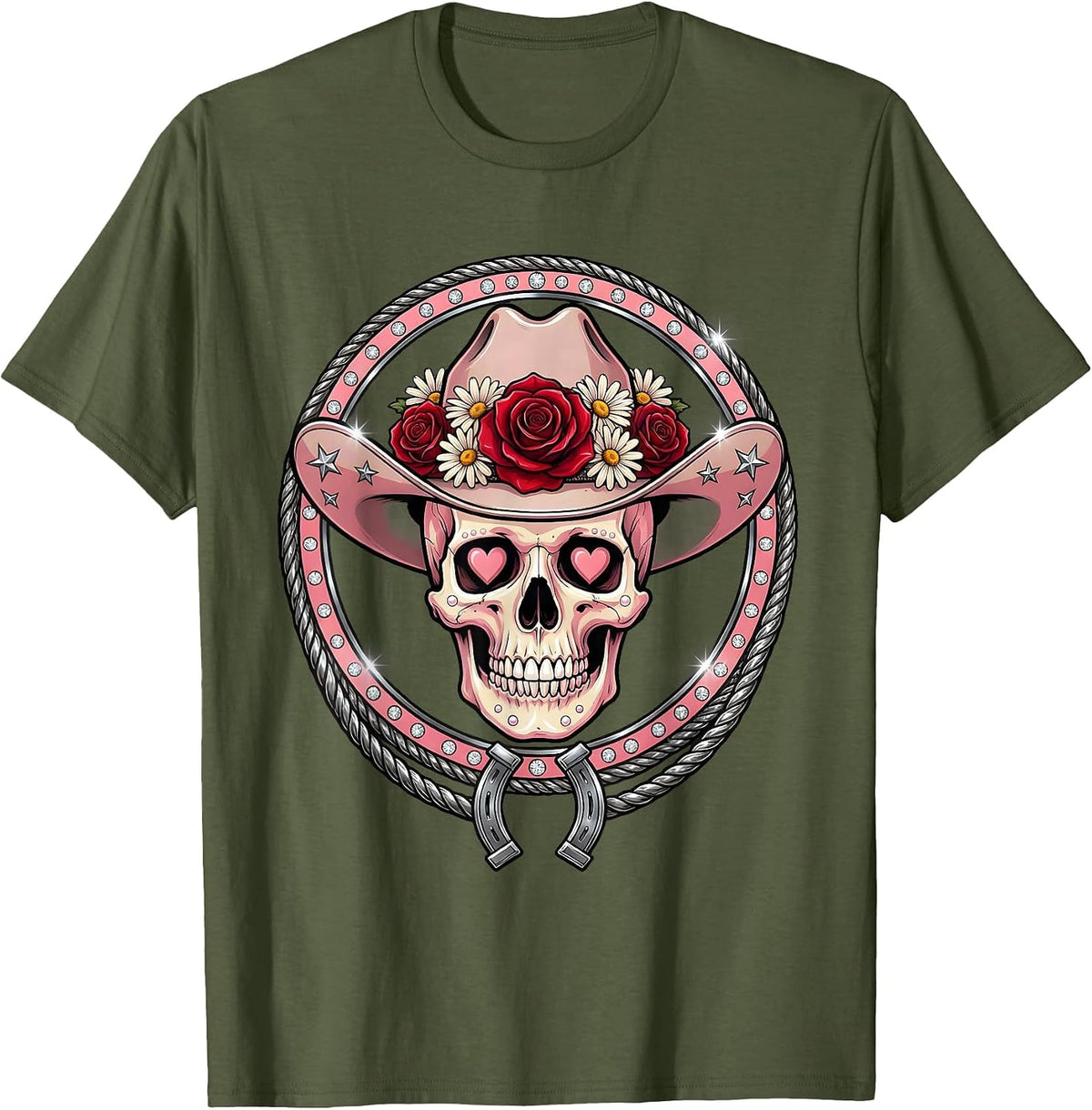 Floral Cowboy Hat Skull Western Design T-Shirt - Olive Green