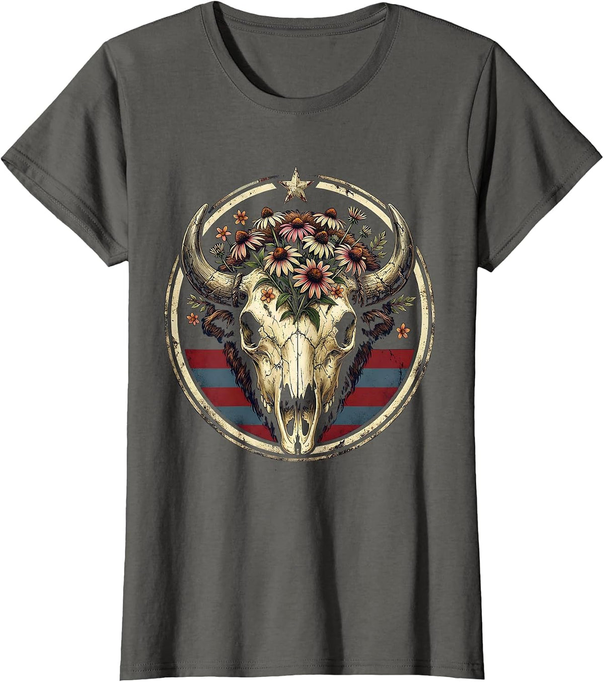 Women's Bison Skull Wildflowers American West Boho Nature Art T-Shirt - Asphalt Grey